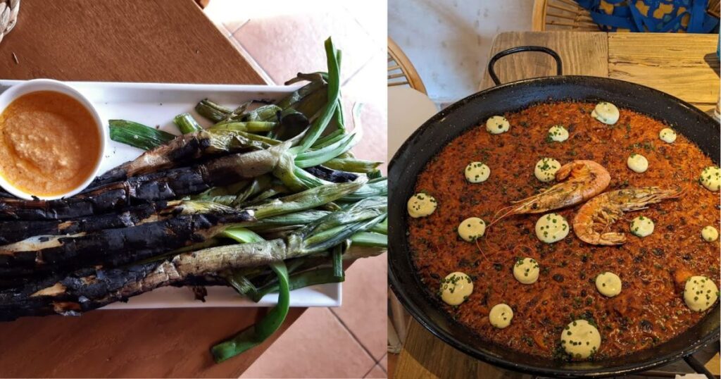 Calçots με σάλτσα romesco και παέγια με θαλασσινά στη Βαρκελώνη