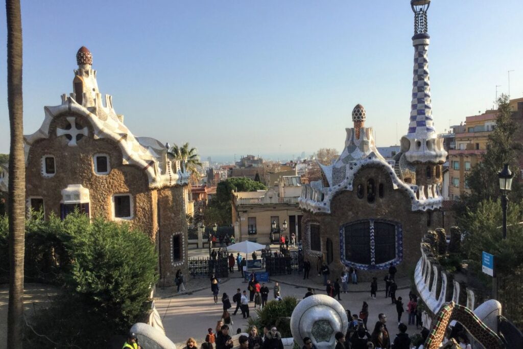 Park Guell main entrance Barcelona Casa del Guarda Gaudi buildings