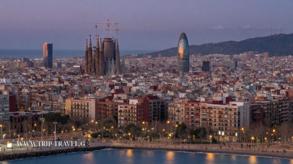 Πανοραμική θέα της Βαρκελώνης με τη Sagrada Família και τον πύργο Glòries κατά το ηλιοβασίλεμα