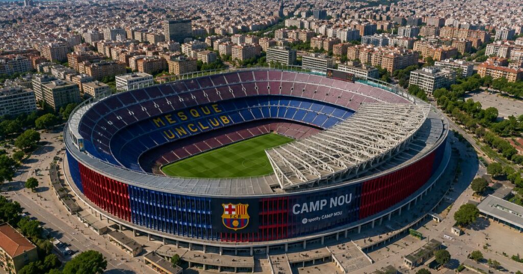 Camp Nou στη Βαρκελώνη από πανοραμική εναέρια λήψη κατά τη διάρκεια της ανακαίνισης το 2026.