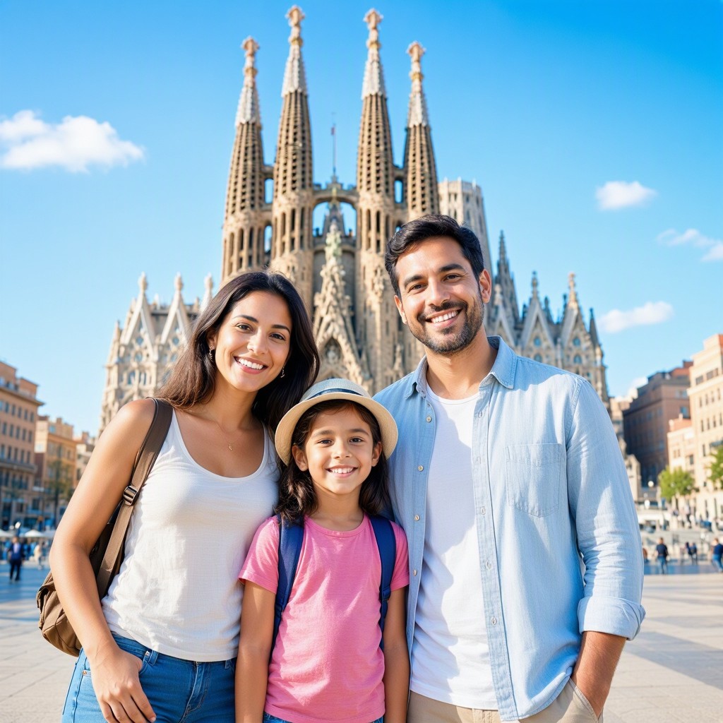 Οικογένεια με παιδί μπροστά στη Sagrada Familia στη Βαρκελώνη