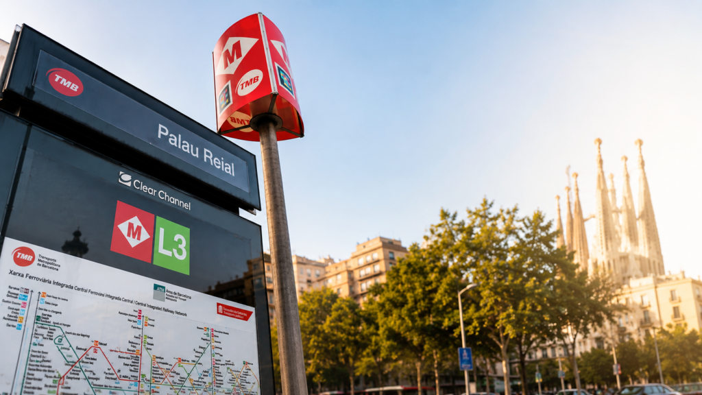 Barcelona Card 2026 – Είσοδος σταθμού μετρό Palau Reial στη Βαρκελώνη και θέα προς τη Sagrada Família