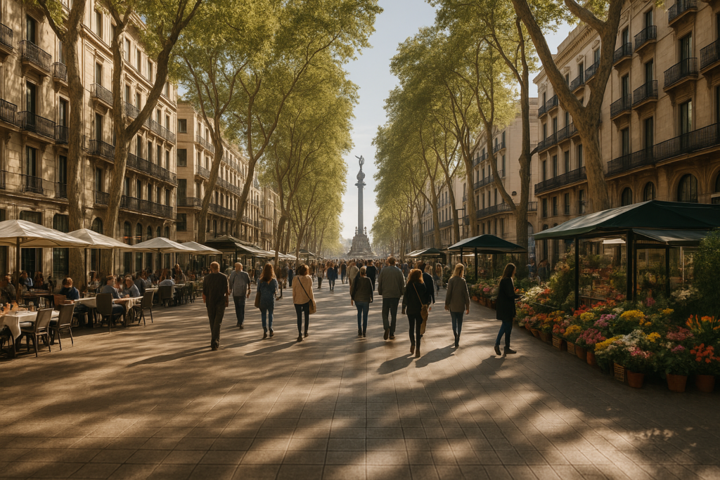 La Rambla στη Βαρκελώνη με το Μνημείο του Κολόμβου στο βάθος και τον δεντροφυτεμένο πεζόδρομο γεμάτο επισκέπτες