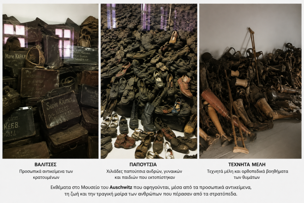 Εκθέματα στο Μουσείο Auschwitz: βαλίτσες, παπούτσια και τεχνητά μέλη των κρατουμένων.